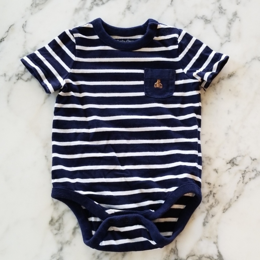 Blue/White Shirt Sleeve Onesies, Size 6-12Months